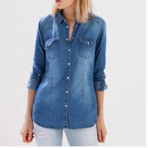 Cavalini Denim Collection Button Down Roll Tab Long Sleeve Chambray SmallWomen's